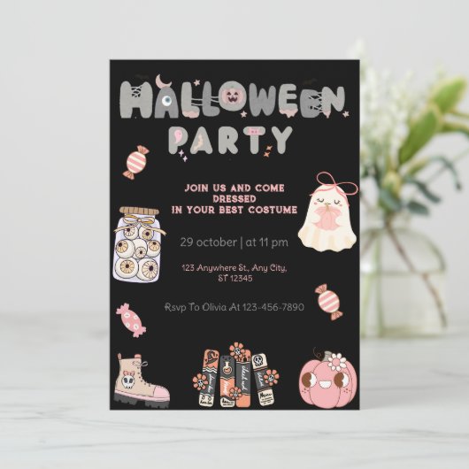 Invitation Pink et Grey Halloween Party Cute Fantôme et Éffra (Debout devant)