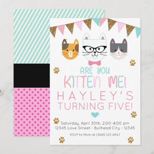 Invitation Pink et Mint Are You Kitten Me Chat Anniversaire (Devant / Derrière)