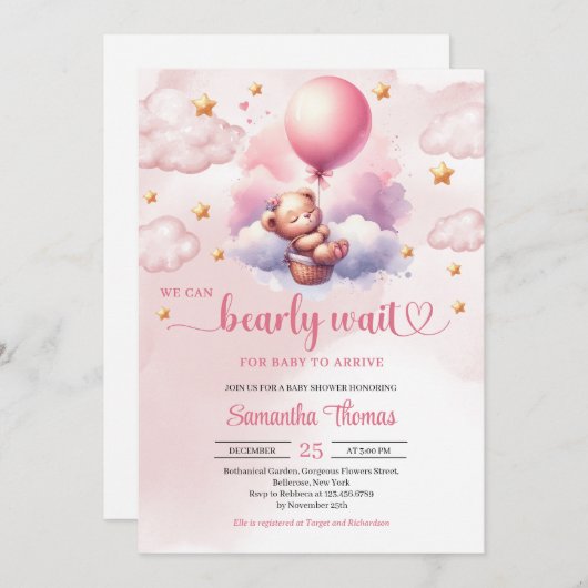 Invitation Pink et or bearly attendent tedy ourson fille douc (Devant / Derrière)