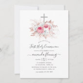 Invitation Pink et Rose or Floral Première Communion Sainte (Devant)
