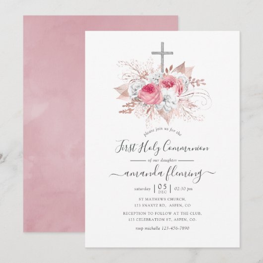 Invitation Pink et Rose or Floral Première Communion Sainte (Devant / Derrière)