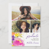 Invitation Pink été floral aquarelle photos graduation (Dos)