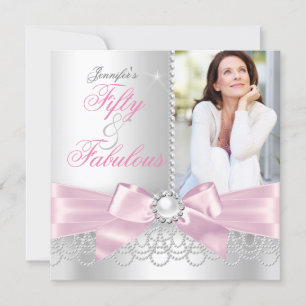 Invitation Pink Fabulous 50 Bow white Pearls Photo Anniversai