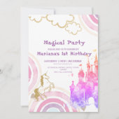Invitation Pink Fairytale Rainbow et Unicorn Birthday Party (Devant)