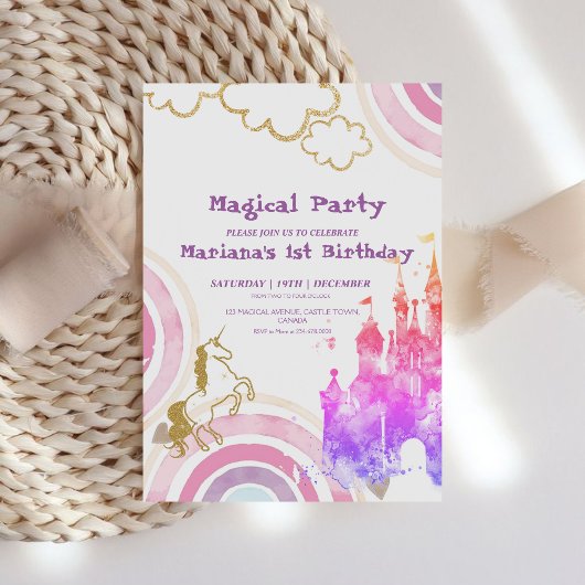 Invitation Pink Fairytale Rainbow et Unicorn Birthday Party