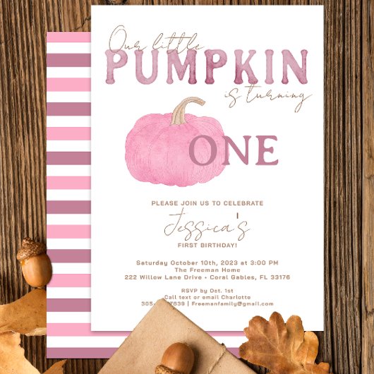 Invitation Pink Fall Citrouille 1er anniversaire de fête Invi