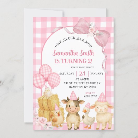 Invitation Pink Farm Animals Oink Cluck Baa Moo Birthday (Devant)