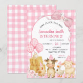 Invitation Pink Farm Animals Oink Cluck Baa Moo Birthday (Devant / Derrière)