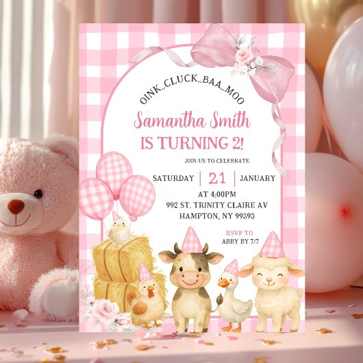 Invitation Pink Farm Animals Oink Cluck Baa Moo Birthday