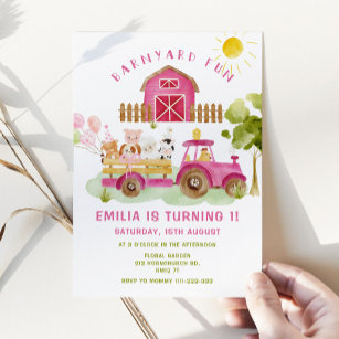 Invitation Pink Farm animaux fille premier anniversaire