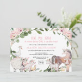 Invitation Pink Farm animaux floral barnyard fille baby showe (Debout devant)