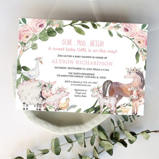 Invitation Pink Farm animaux floral barnyard fille baby showe