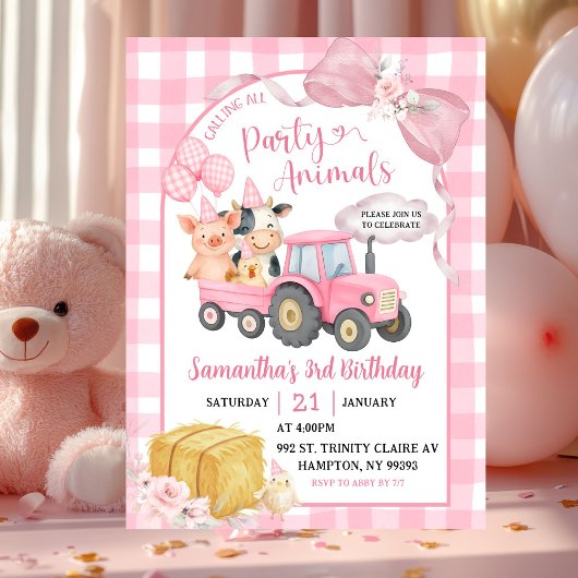 Invitation Pink Farm Calling All Party Animals Girl Birthday