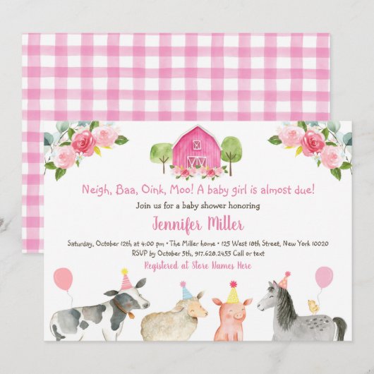 Invitation Pink Farm Floral Baby shower Barnyard (Devant / Derrière)