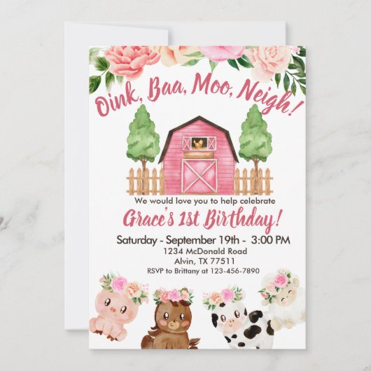 Invitation Pink Farm Floral Barnyard 1er Anniversaire Invitat (Devant)