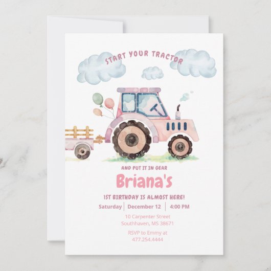 Invitation Pink Farm Tractor Girl Tout âge Anniversaire Invit (Devant)