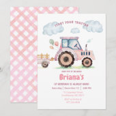 Invitation Pink Farm Tractor Girl Tout âge Anniversaire Invit (Devant / Derrière)