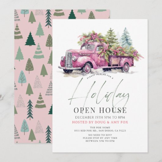 Invitation Pink Farm Truck Noël Holiday Open House (Devant / Derrière)