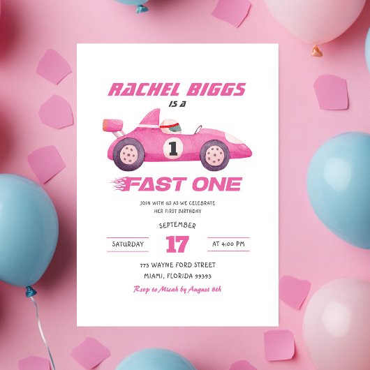 Invitation Pink Fast One Retro Racing Car Girl Premier annive
