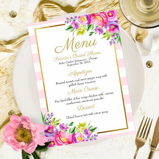 Invitation Pink & Faux Foil Gold Floral Fête des mariées Menu