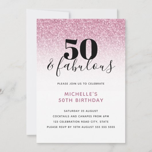 Invitation Pink Faux Parties scintillant 50 & Fabulous 50th B (Devant)