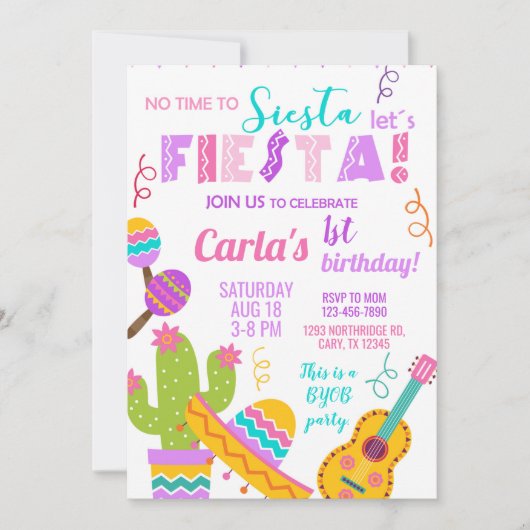 Invitation pink Fiesta girl birthday invitation, any age. (Devant)