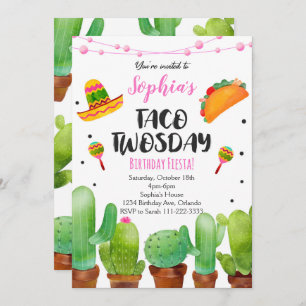 Invitation Pink Fiesta Taco Deux jours Aquarelle Cactus Invit