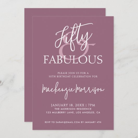 Invitation Pink Fifty and Fabulous Script Birthday Party (Devant / Derrière)