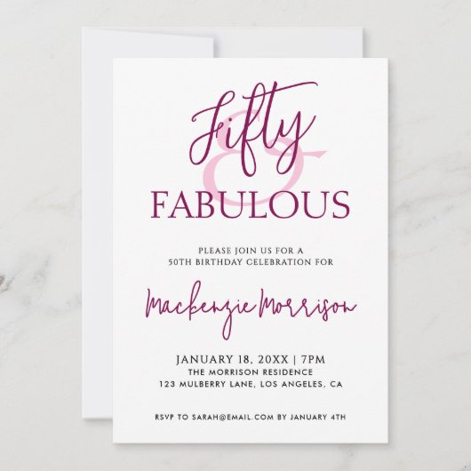 Invitation Pink Fifty and Fabulous Script Birthday Party (Devant)