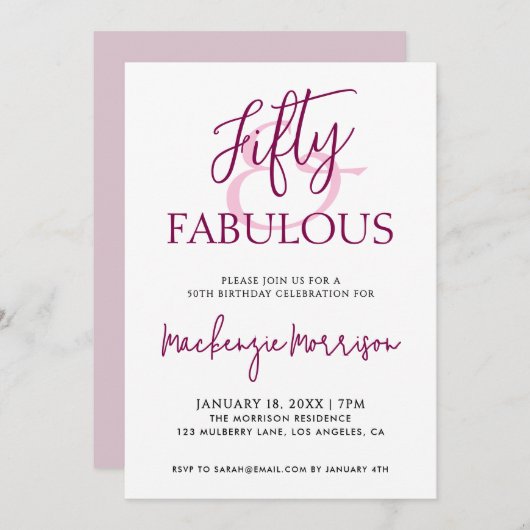 Invitation Pink Fifty and Fabulous Script Birthday Party (Devant / Derrière)