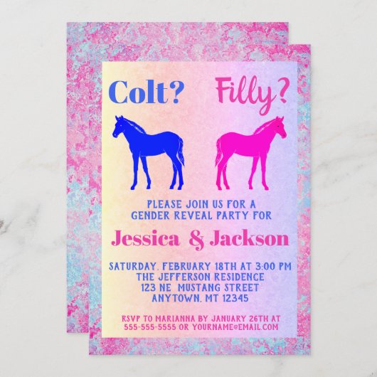 Invitation Pink Filly & Colt Bleu Style occidental Révélation (Devant / Derrière)