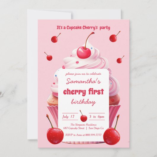 Invitation Pink First Cherry & Cupcake Anniversaire (Devant)