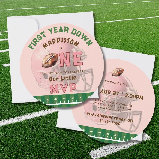 INVITATION PINK FIRST YEAR DOWN FOOTBALL 1ST BIRTHDAY THEME