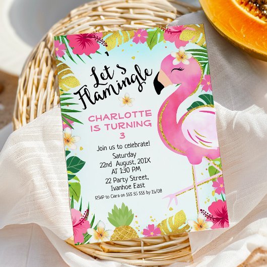 Invitation Pink Flamingle Floral Foliage Anniversaire