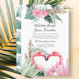 Invitation Pink Flamingo Love Heart Tropical Floral Wedding