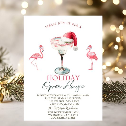 Invitation Pink Flamingos Cocktail Santa Hat Open House 