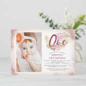 Invitation Pink Floral 1er Anniversaire Photo (Debout devant)