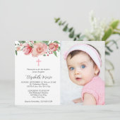 Invitation Pink Floral 2 Photo Bible Verse Baptême pour fille (Debout devant)