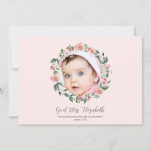 Invitation Pink Floral 2 Photo Bible Verse Baptême pour fille (Dos)