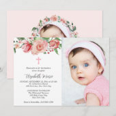 Invitation Pink Floral 2 Photo Bible Verse Baptême pour fille (Devant / Derrière)