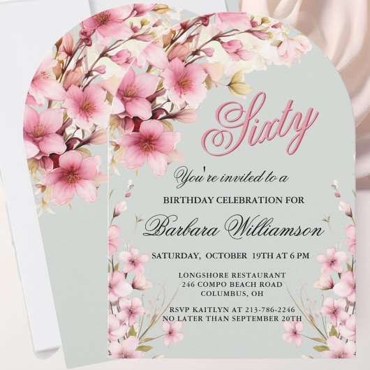 Invitation Pink Floral Arch Elégance 60e fête d'anniversaire