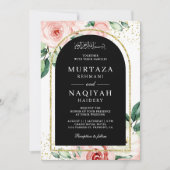 Invitation Pink Floral Arch noir QR Code Mariage musulman (Devant)