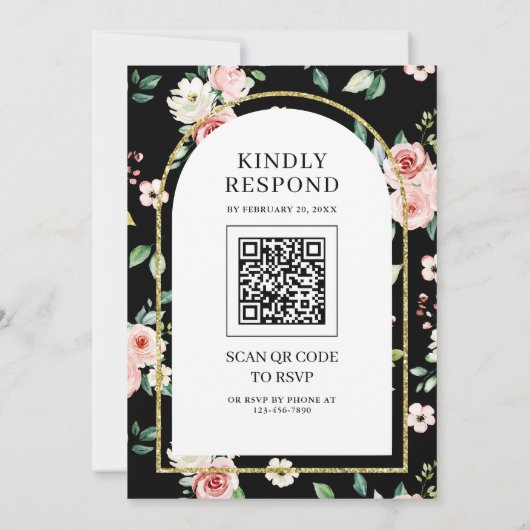 Invitation Pink Floral Arch noir QR Code Mariage musulman (Dos)