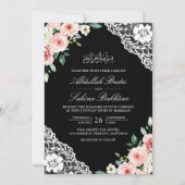 Invitation Pink Floral Black Lace QR Code Mariage musulman (Devant)