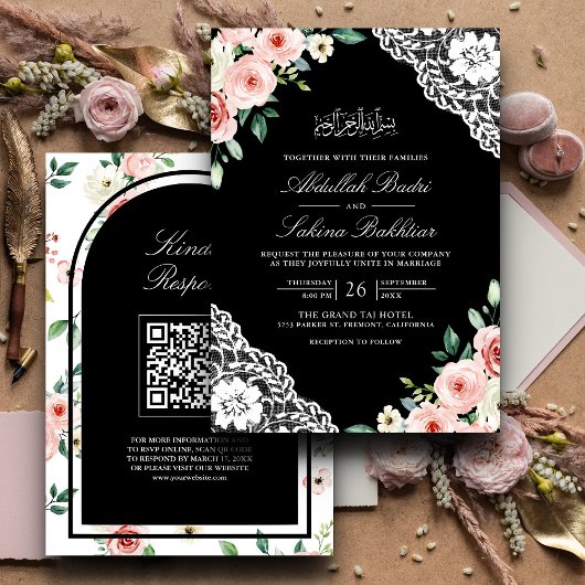 Invitation Pink Floral Black Lace QR Code Mariage musulman