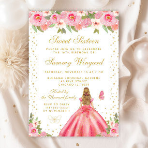 Invitation Pink Floral Blonde cheveux Princesse Sweet sixteen