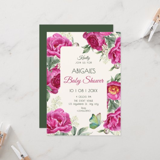 Invitation Pink floral bloom baby shower (Devant/Arrière en situation)