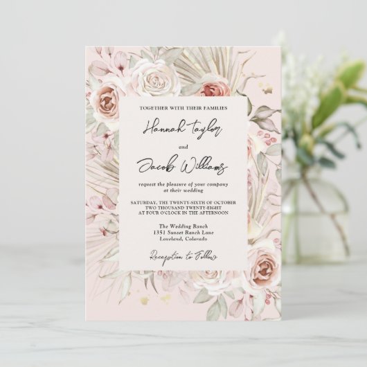 Invitation PInk Floral Boho Rustic Mariage (Debout devant)