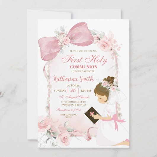 Invitation Pink Floral Bow Girl First Holy Communion (Devant)