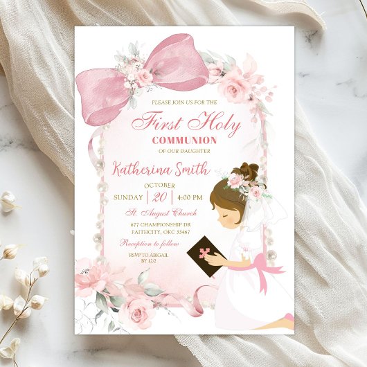 Invitation Pink Floral Bow Girl First Holy Communion